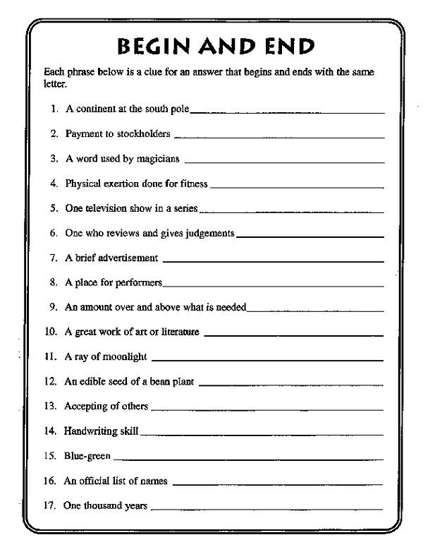 Adult Brain Games Printable Worksheets