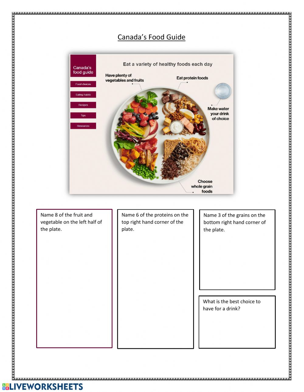 Canada 39 s Food Guide Questions Worksheet