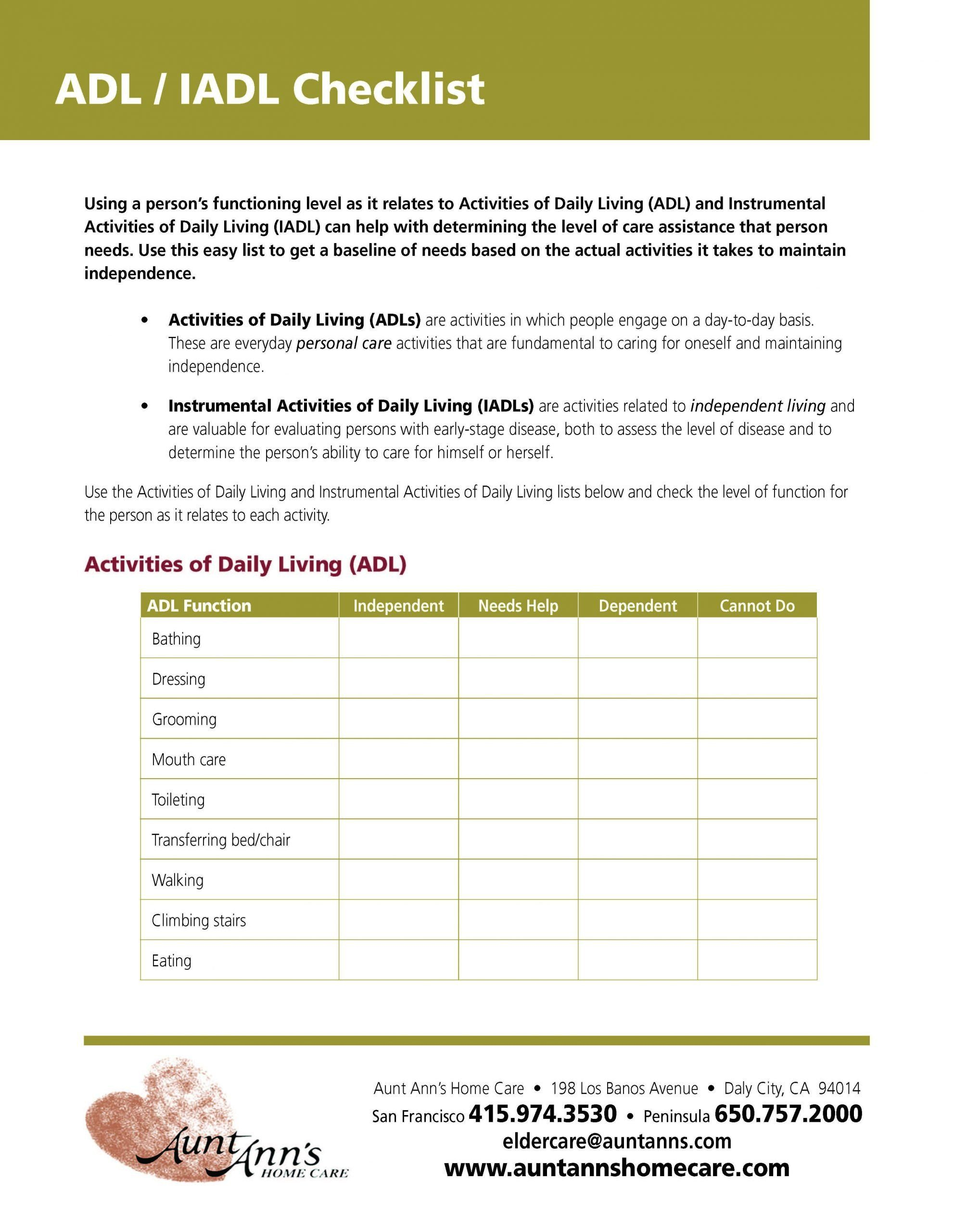 Daily Living Skills Worksheet Activities Of Daily Living Checklist 