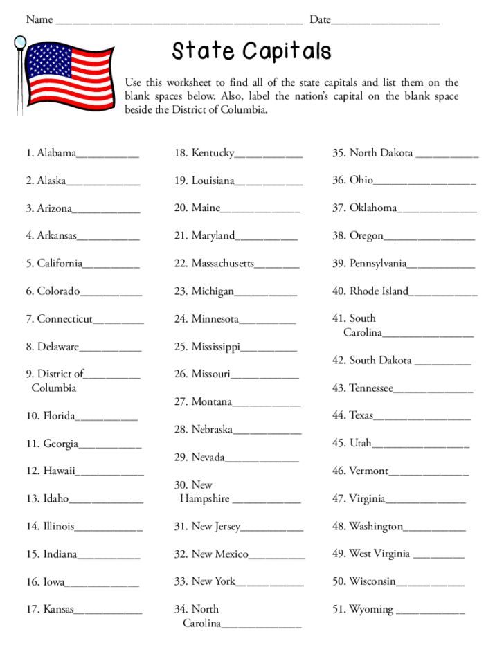 Free Printable States And Capitals Worksheets