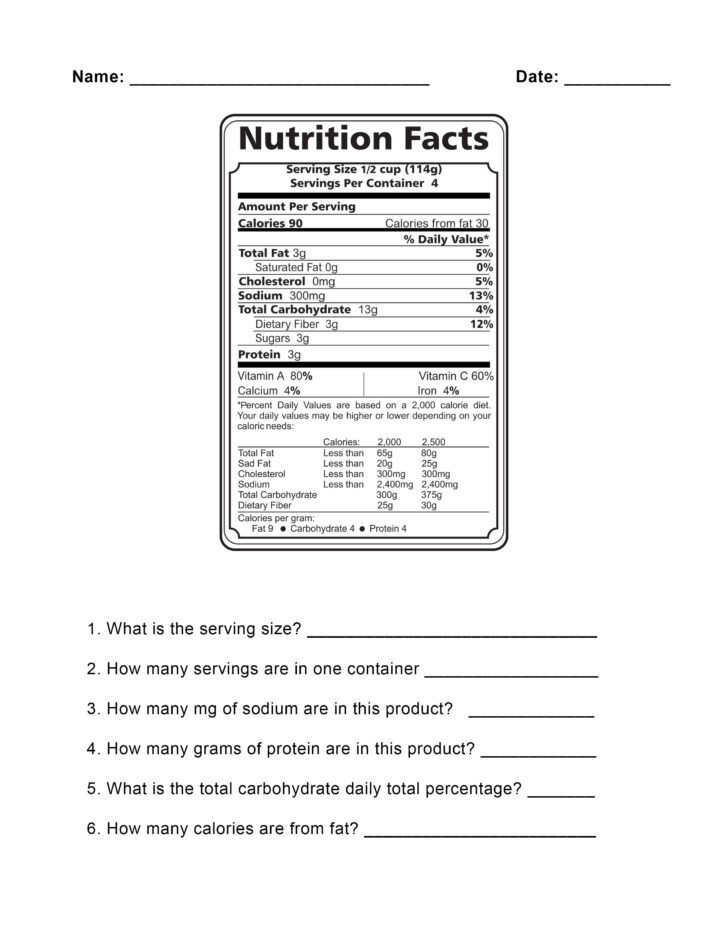 Free Worksheets Printable Nutrition Facts Sheet