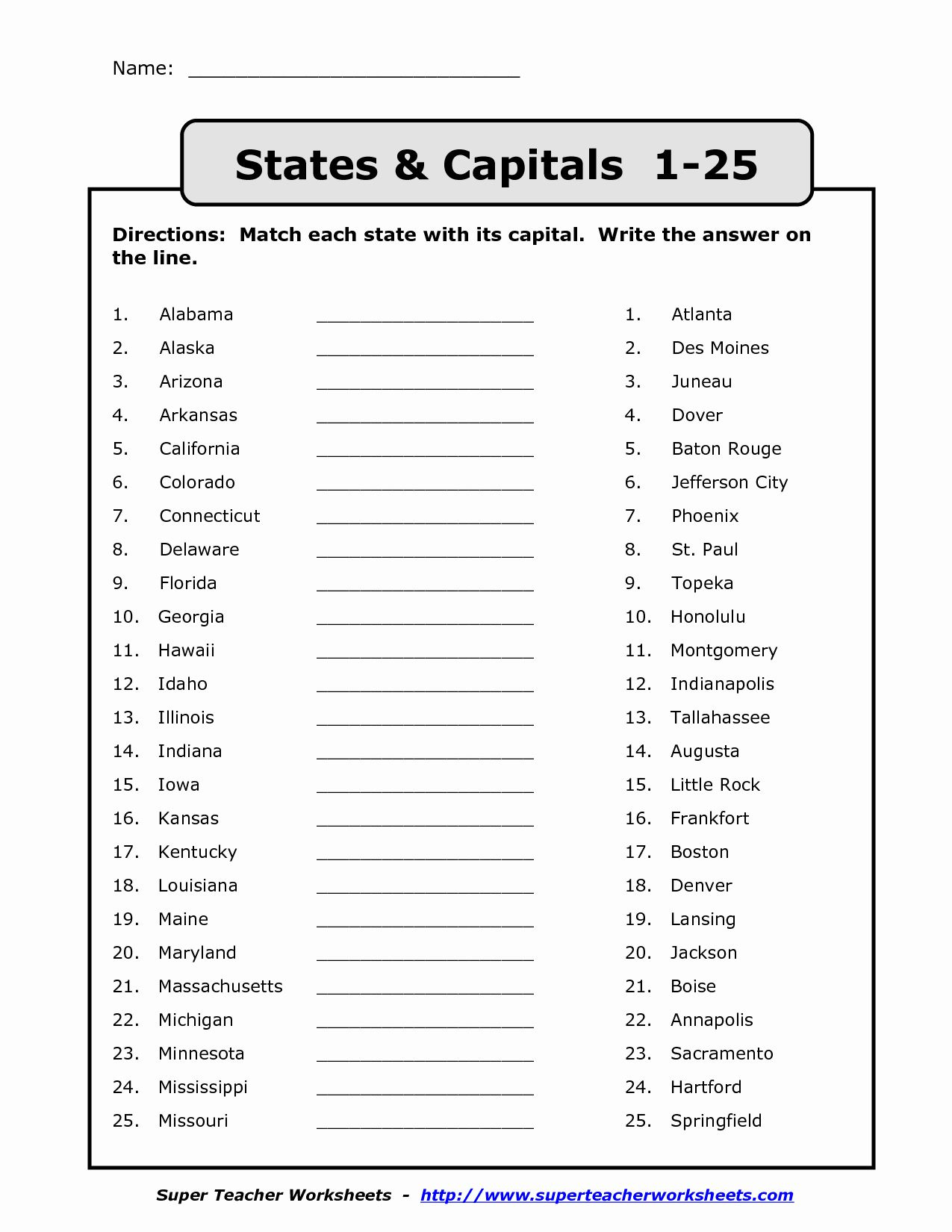 50 States And Capitals Matching Worksheet In 2020 States And Capitals 