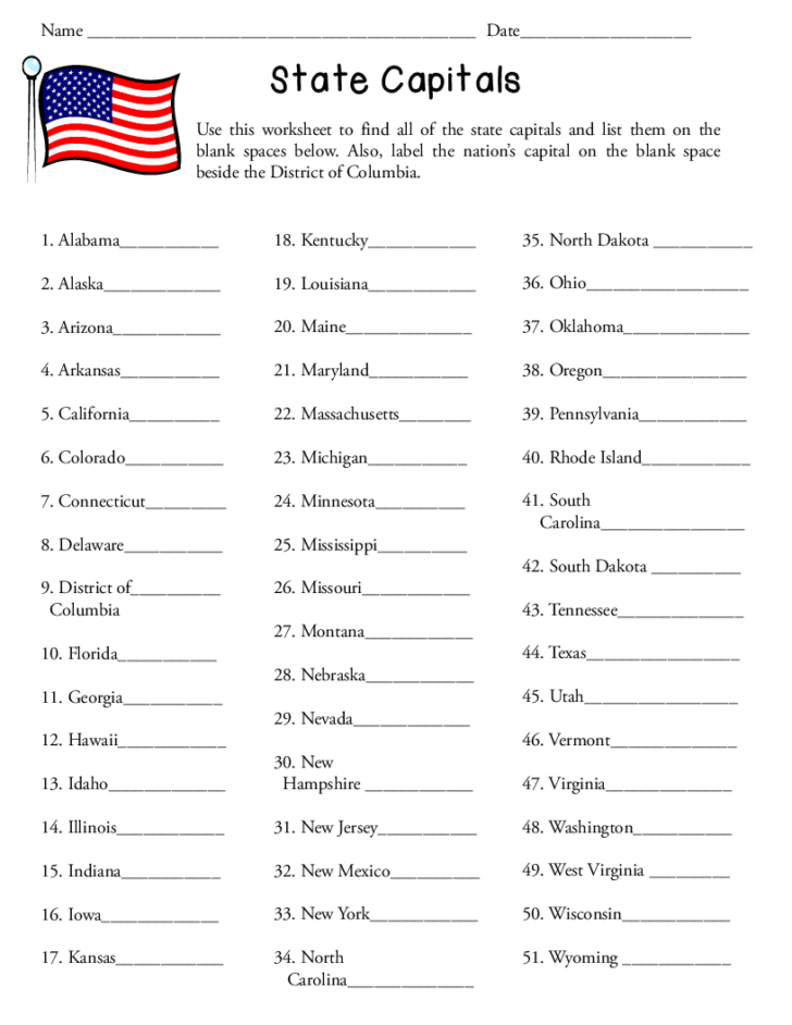 Free Worksheets Printable State Capitals Test