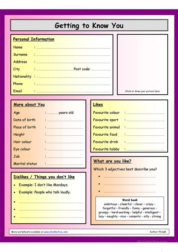 Getting To Know You Worksheets Printable Questions Ronald Worksheets