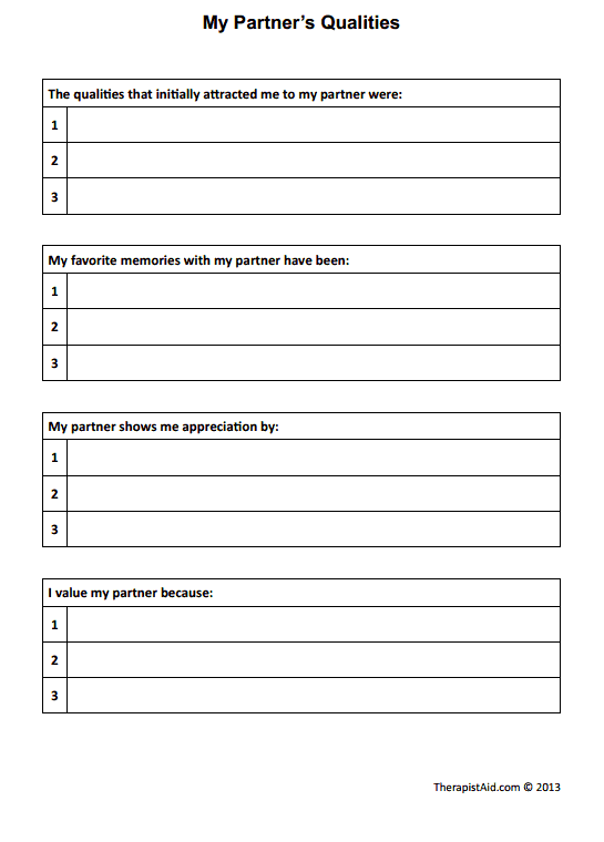 My Partner 39 s Qualities Worksheet Therapist Aid Marriage 