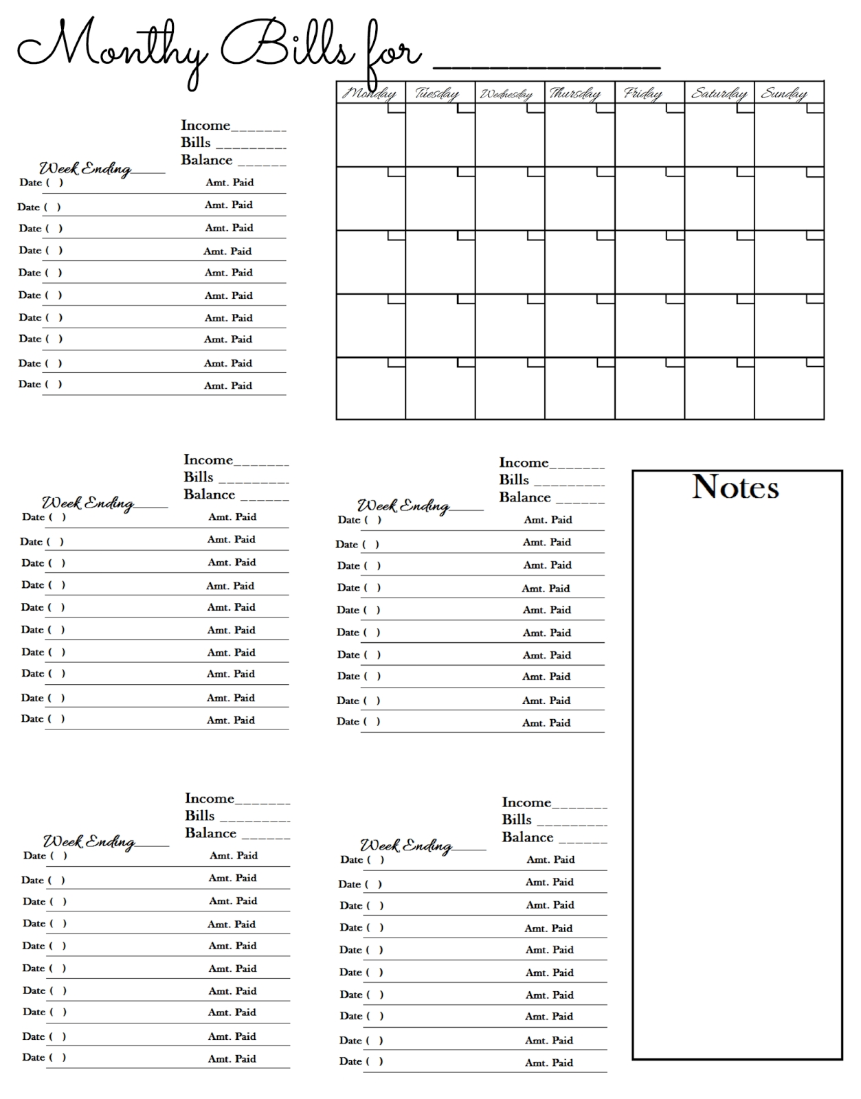 Blank Monthly Bill Payment Sheet Template Calendar Design
