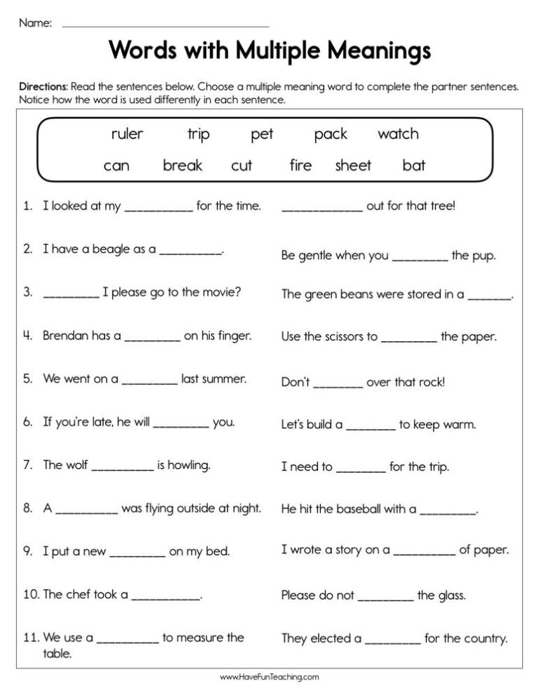 Multiple Meaning Words Worksheets Printable Ronald Worksheets