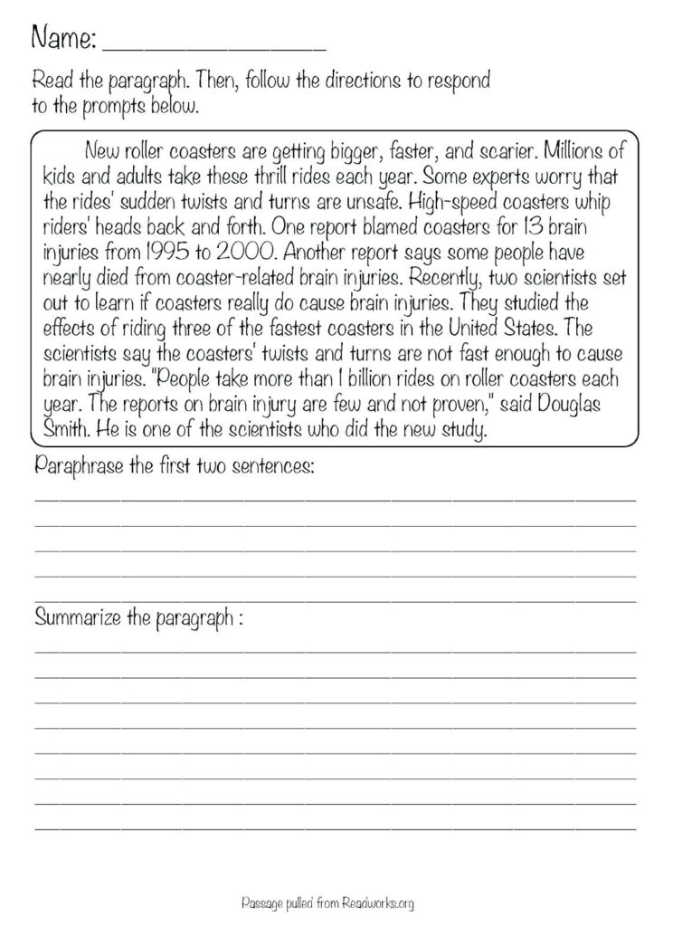 Summary Worksheets Printable 4th Grade 