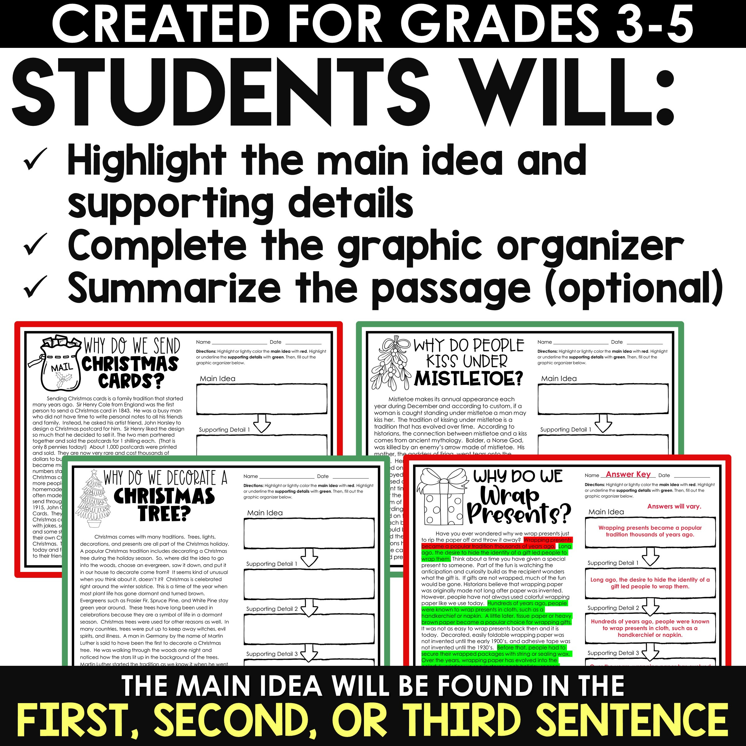 Christmas Activities For Main Idea And Supporting Details - A Love in Main Idea Christmas Worksheets