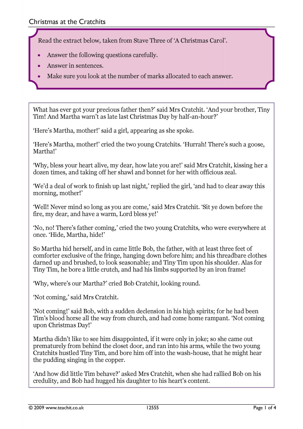 Christmas At The Cratchits|Comprehension Questions|Teachit inside Reading Skills and Strategies Worksheet a Christmas Carol Answers