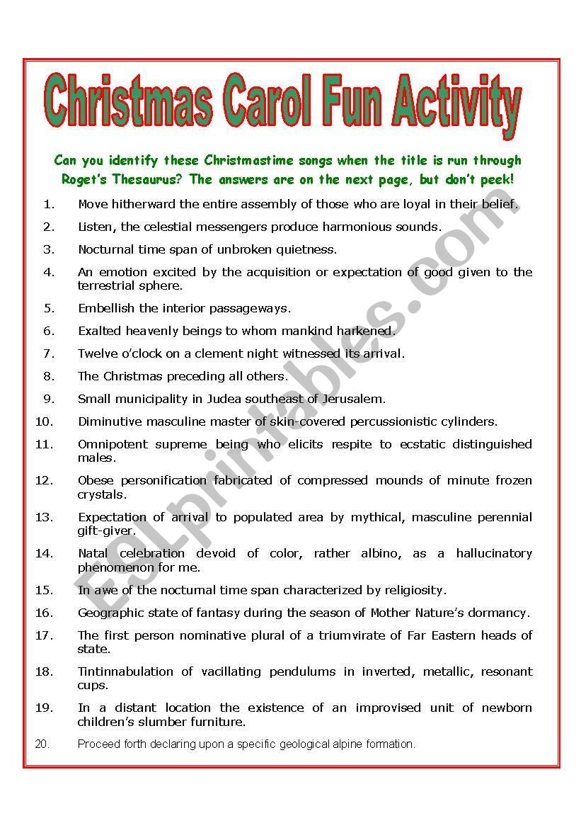 Christmas Carol Fun Activity - Esl Worksheetmulford inside Name the Christmas Carol Worksheet