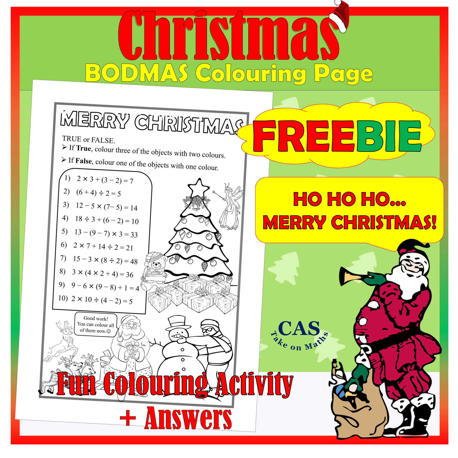 Christmas Colouring Page Freebie | Order Of Operations | Bodmas in Order Of Operations Christmas Worksheets