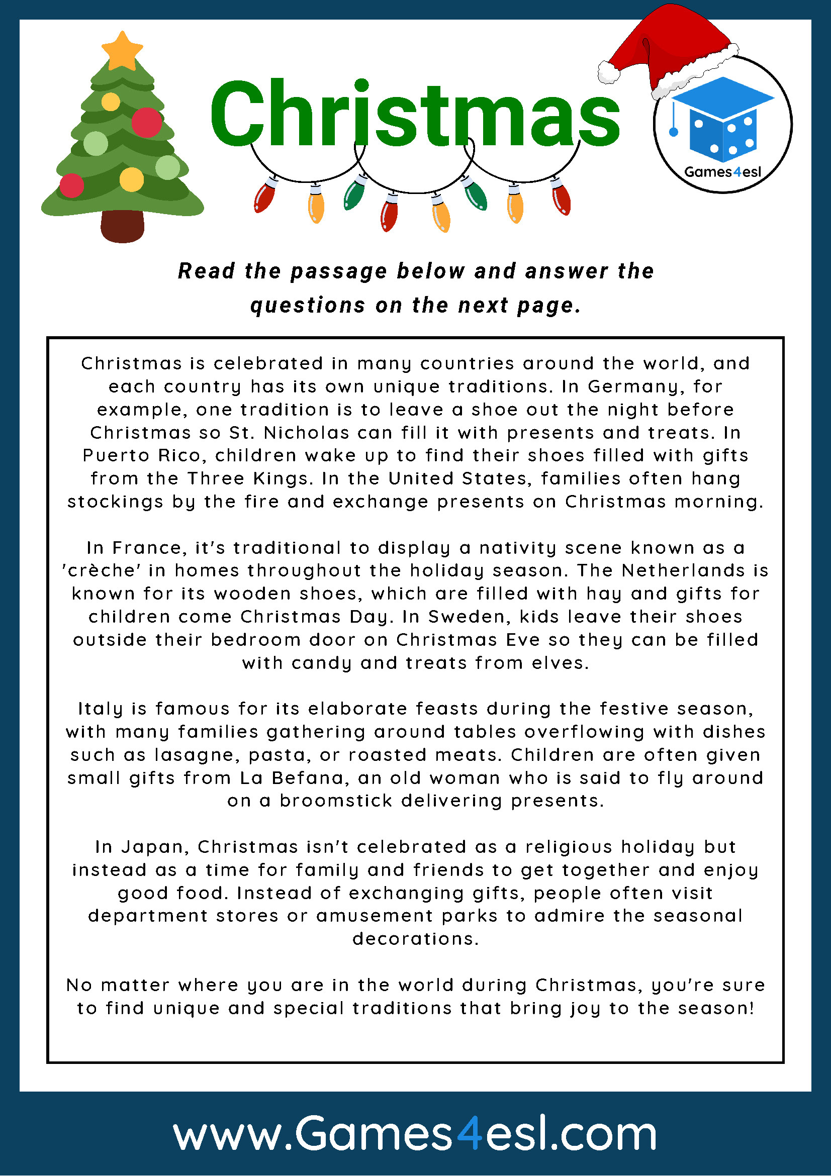 Christmas - Reading Comprehension Worksheet | Games4Esl with Free Christmas Reading Worksheets