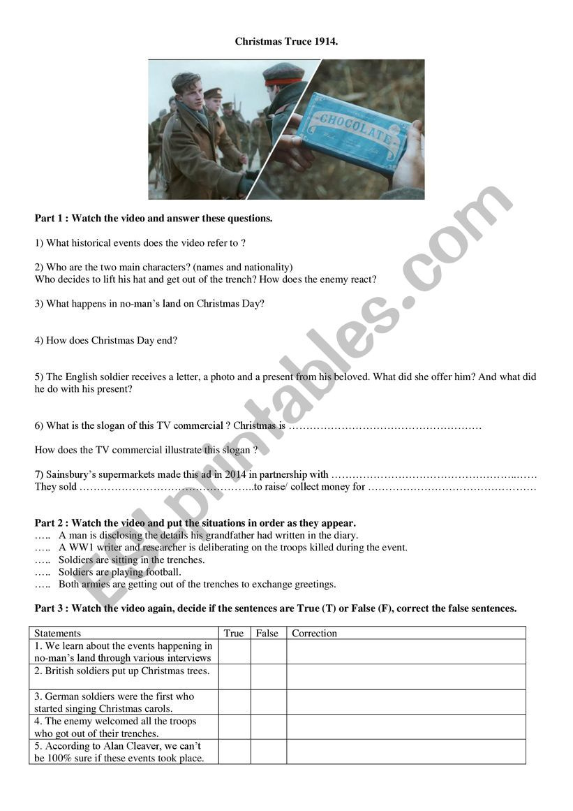 Christmas Truce 1914 - Esl Worksheetvirbrunet inside The Christmas Truce Worksheet