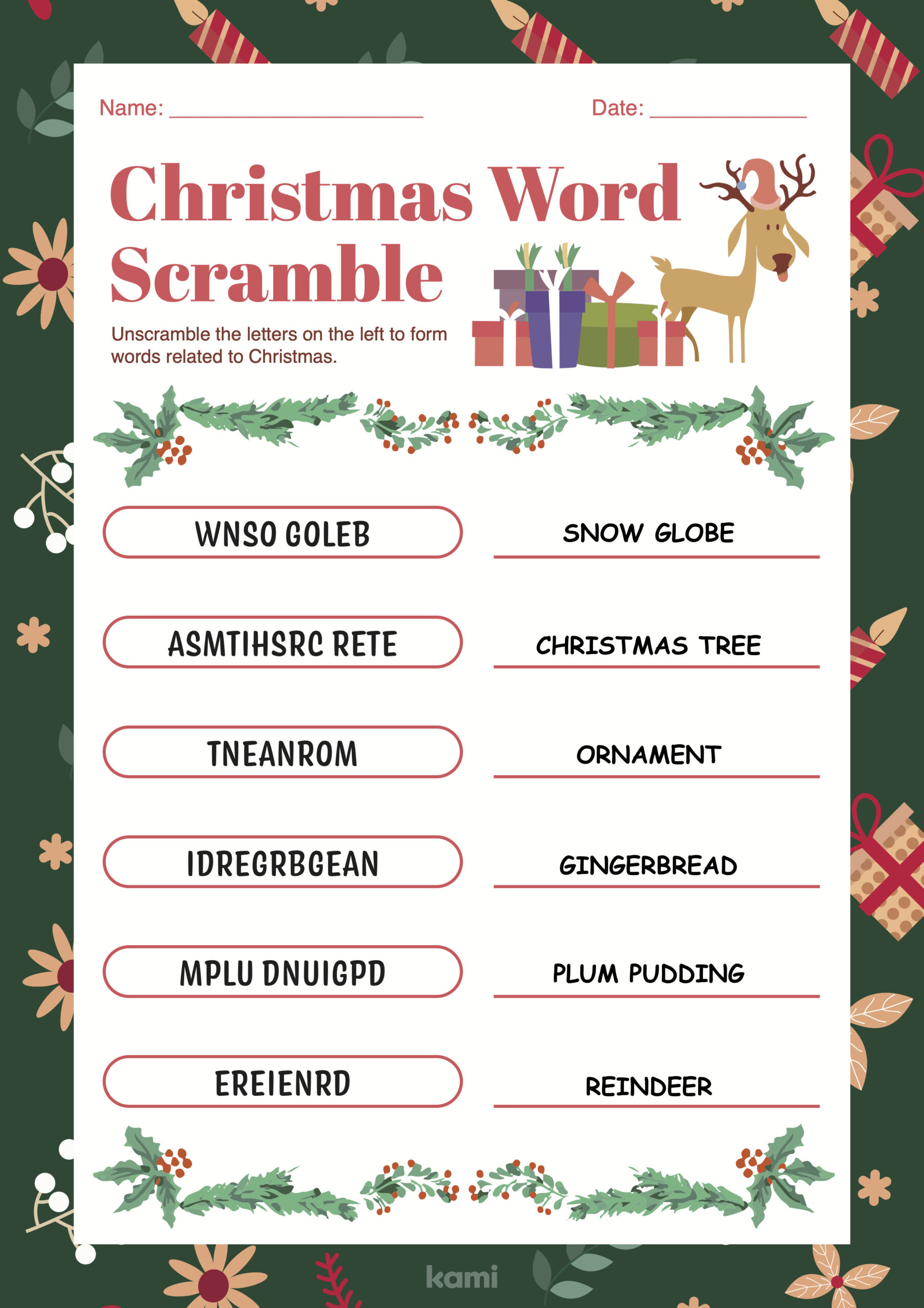 Christmas Word Scramble Free Printable With Answer Key in Super Teacher Worksheets Scrambled Christmas Answers