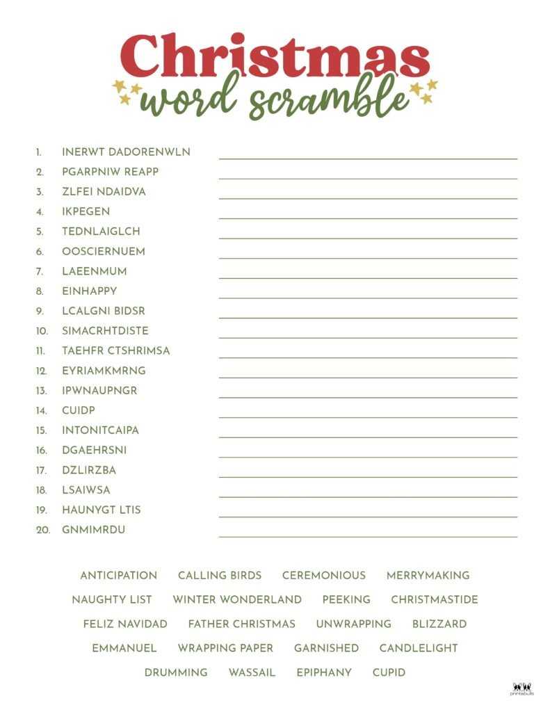 Christmas Word Scrambles - 15 Free Printables | Printabulls within Scrambled Christmas Worksheet