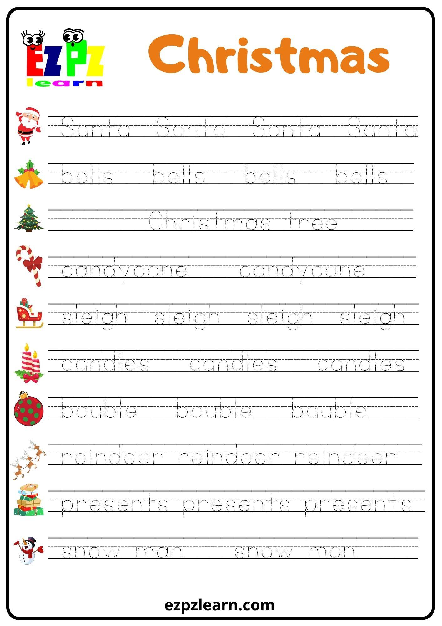 Christmas Word Tracing Worksheet - Ezpzlearn inside Free Christmas Tracing Worksheets