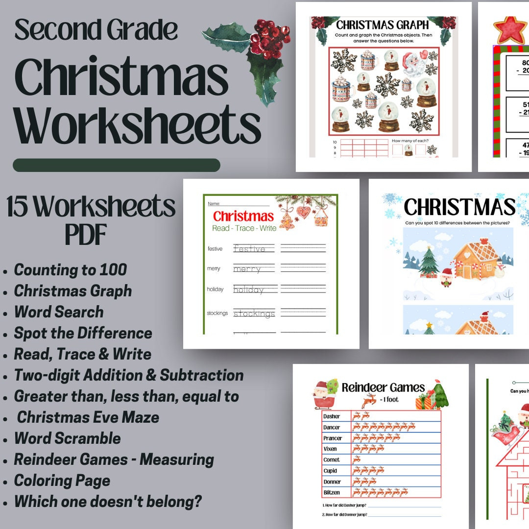 Christmas Worksheets Second Grade, Homeschool, Printable, Winter, Learning, Math, Reading, Counting, Writing, Workbook, Homeschool Curricula - Etsy regarding Second Grade Christmas Worksheets