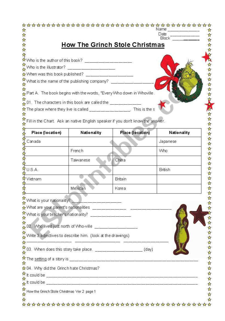 The Grinch Who Stole Christmas Worksheets