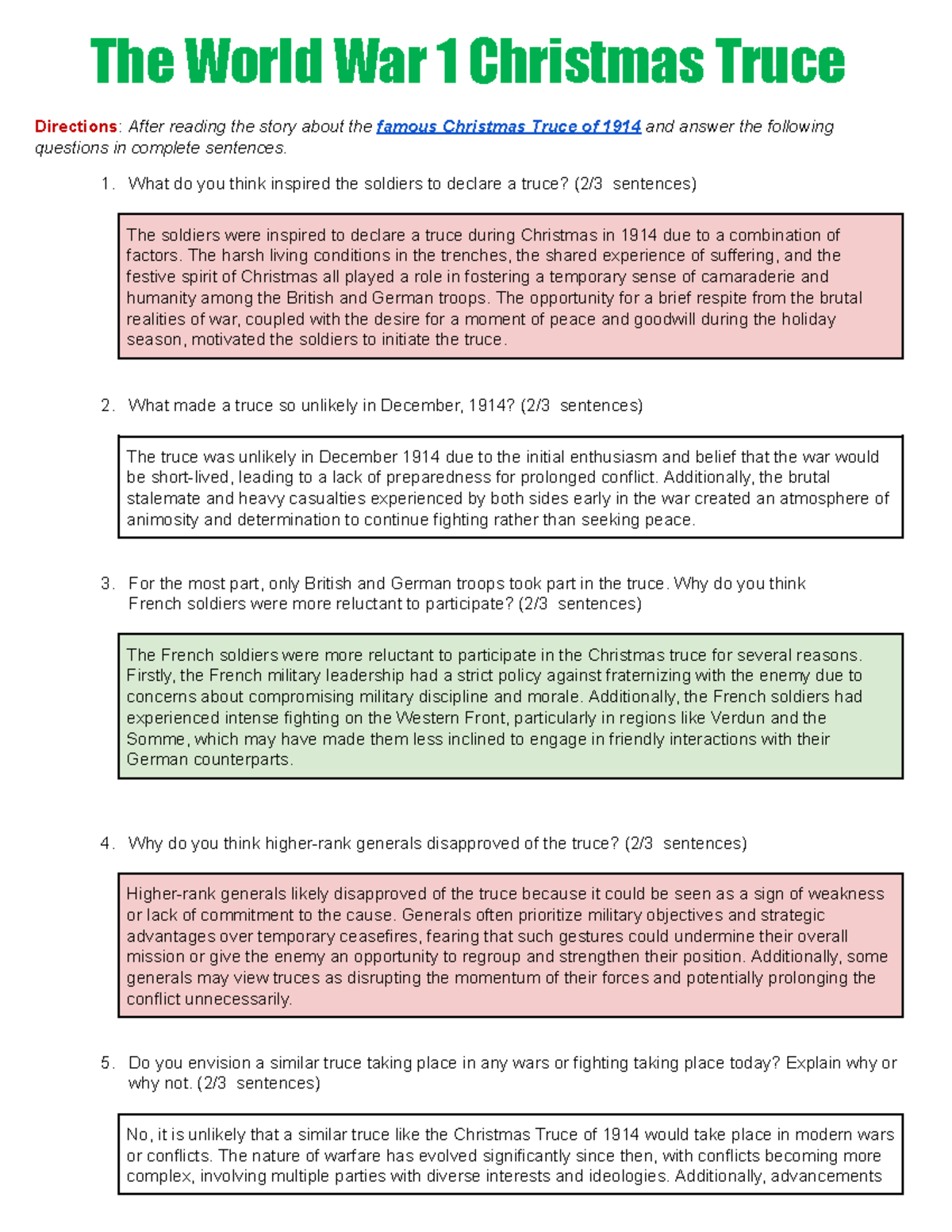 Jayshon Dedrick) The World War I Christmas Truce - The World War 1 in World War 1 Christmas Truce Worksheet