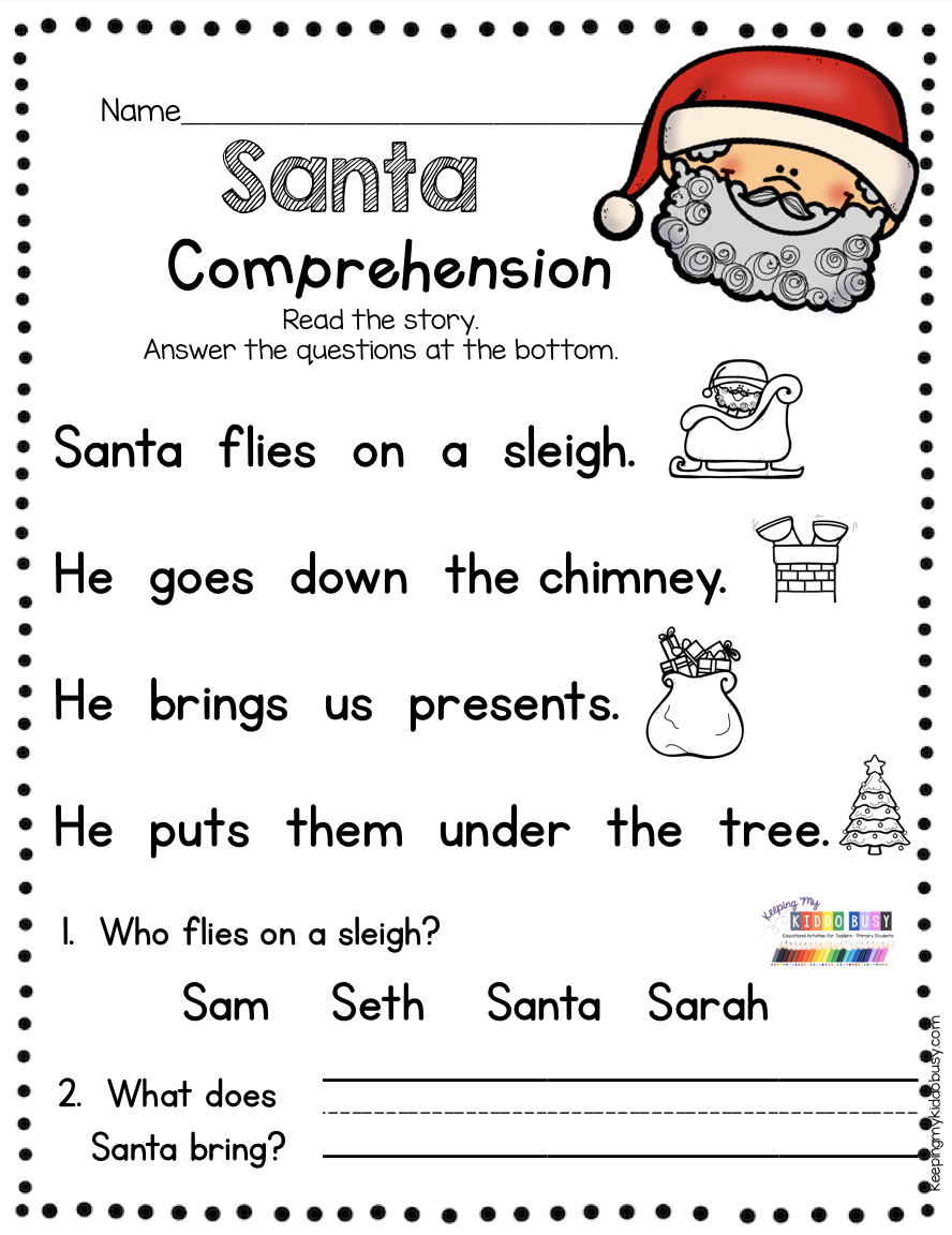 Kindergarten Christmas Reading Passage With Comprehension Questions in Kindergarten Christmas Reading Worksheets