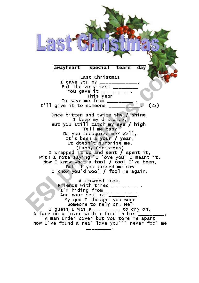 Last Christmas - Song - Esl Worksheetewa11 inside Last Christmas Song Worksheet