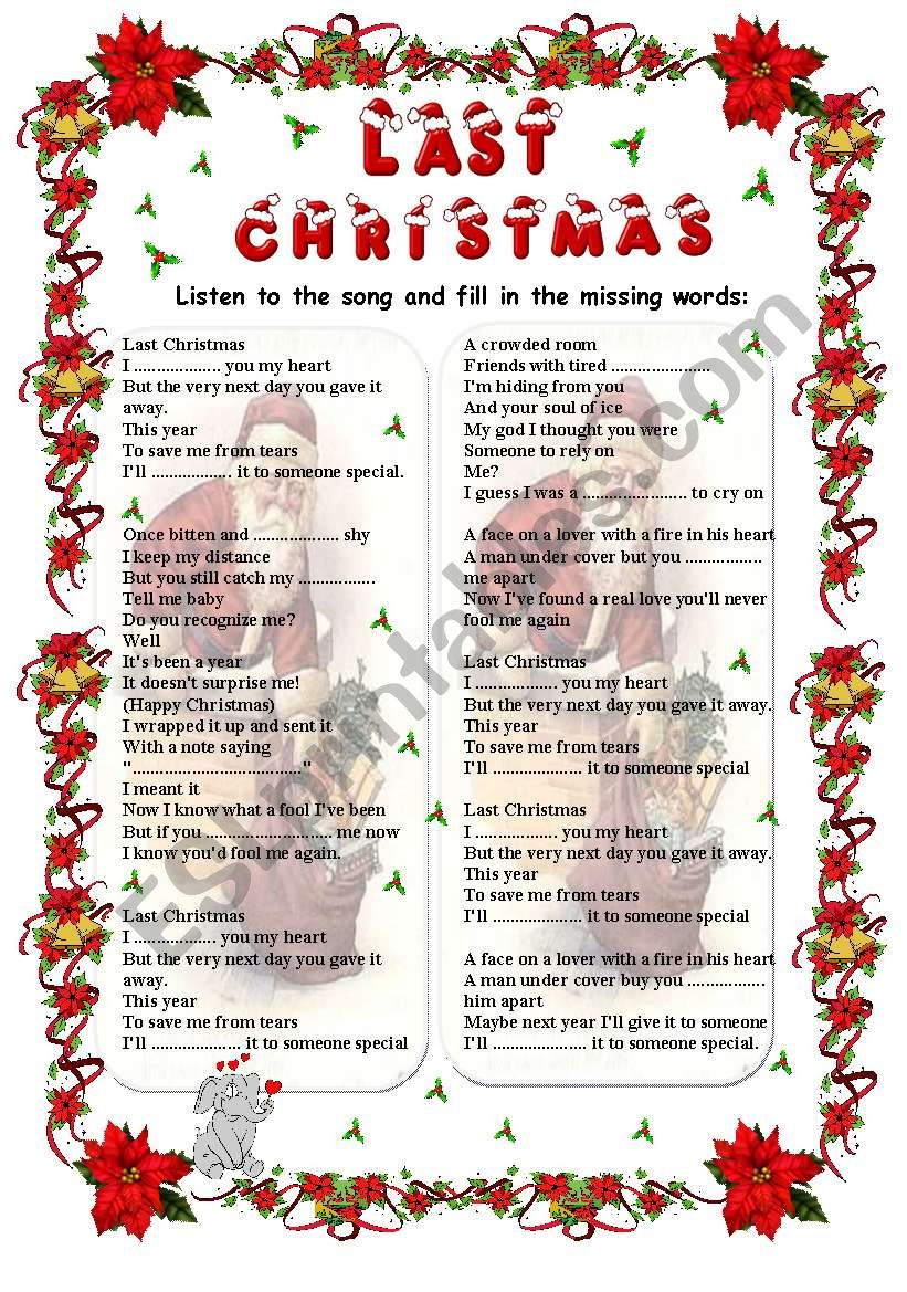 Last Christmas - Wham Song (Fill In) - Esl Worksheetgabitza inside Last Christmas Song Worksheet