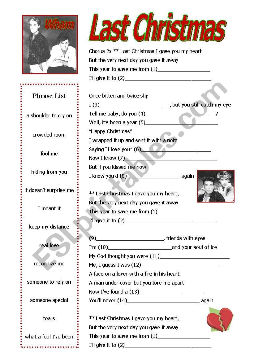 Last Christmaswham - Esl Worksheetpandabear regarding Last Christmas Song Worksheet