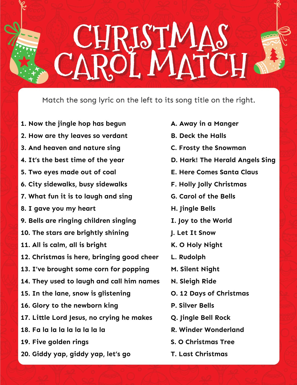 Match The Christmas Carol Game (Free Printable!) - Play Party Plan for First Letter of Christmas Carols Worksheet