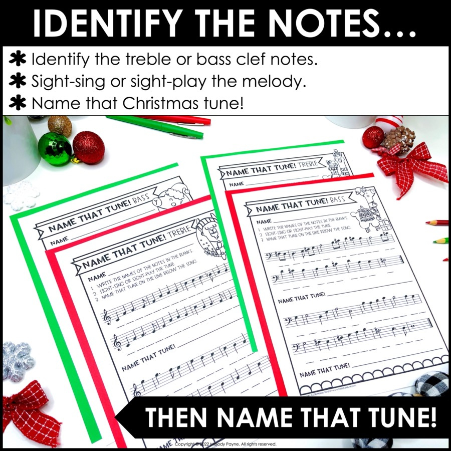 Name That Tune Christmas Music Worksheets In Treble And Bass Clef in Name That Christmas Tune Worksheet Answers