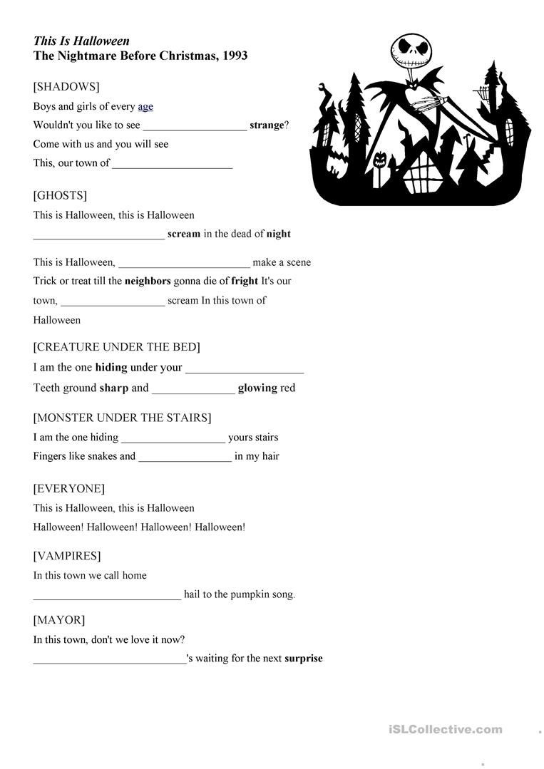 Nightmare Before Christmas Halloween Song Worksheet. Yt Link In throughout Nightmare Before Christmas Worksheets