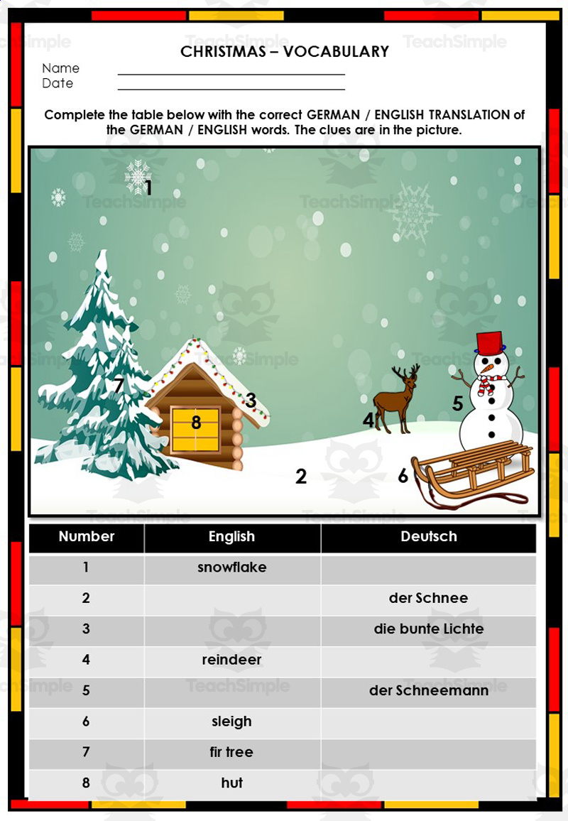 No Prep German Vocabulary Worksheets And Answer Key - Christmas for German Christmas Vocabulary Worksheet