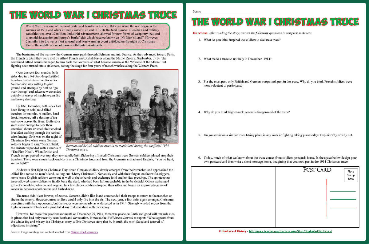 Students Of History: World War 1 Reading On Christmas Truce Lesson for World War 1 Christmas Truce Worksheet