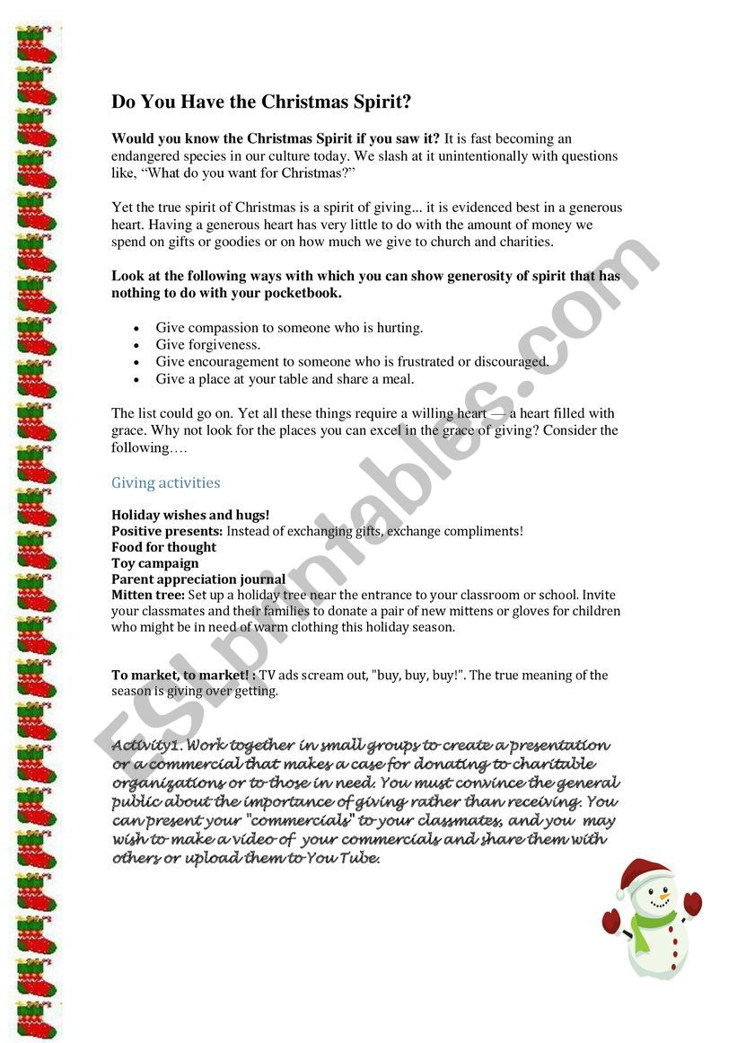 The Christmas Spirit - Esl Worksheetekoum within Got The Christmas Spirit Worksheet