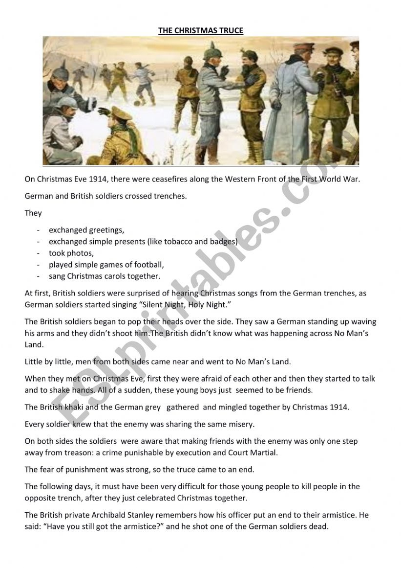 The Christmas Truce - Reading Comprehension - Esl Worksheet throughout World War 1 Christmas Truce Worksheet