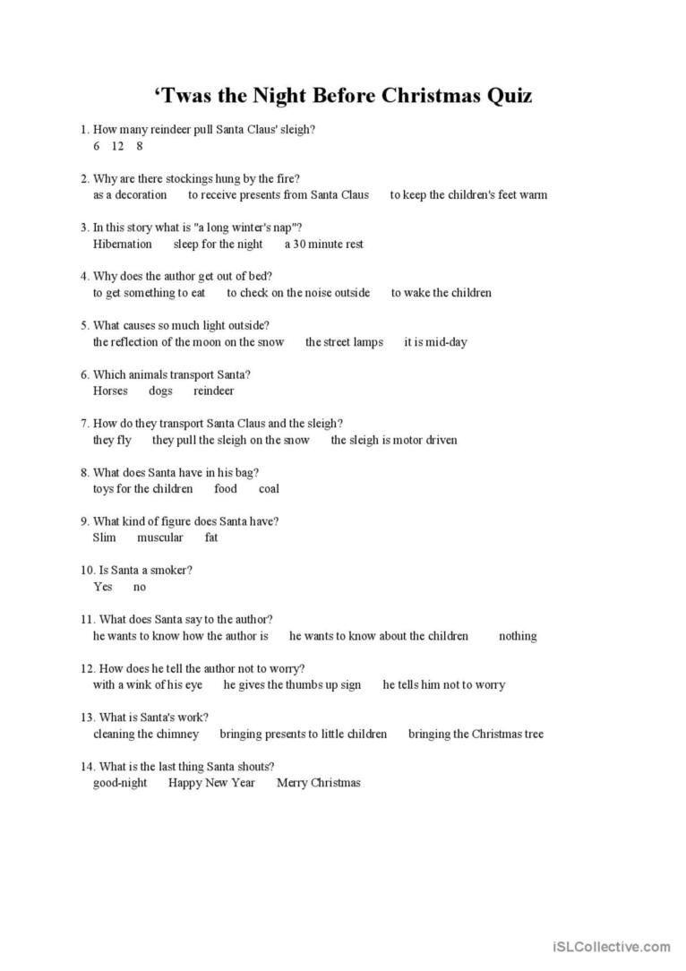 Twas The Night Before Christmas Quiz: English Esl Worksheets Pdf &amp;amp; Doc with regard to Twas The Night Before Christmas Worksheet