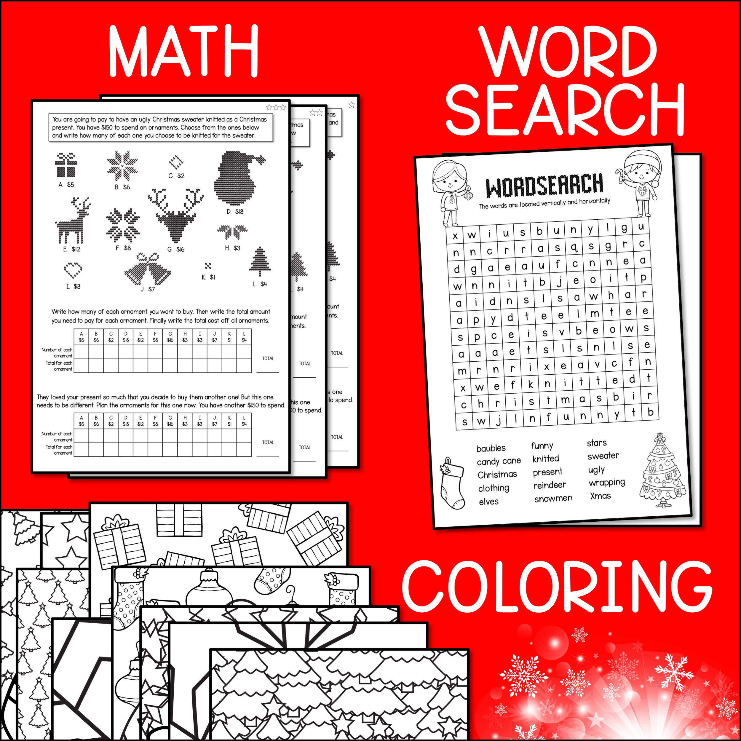 Ugly Christmas Sweater Design, Writing, Maths, Word Search &amp;amp; Colouring Activities - Australian Teachers Marketplace with Ugly Christmas Sweater Math Worksheet