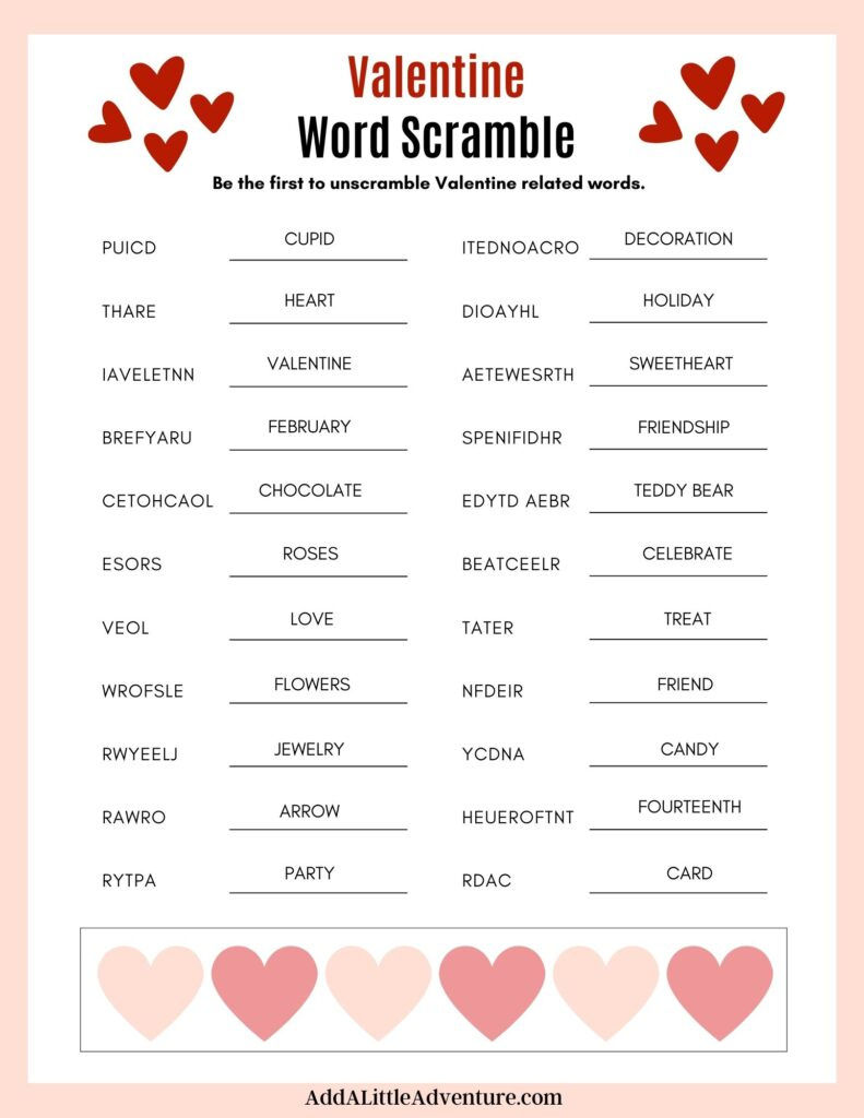 Valentine Word Scramble - Free Printable inside Super Teacher Worksheets Scrambled Christmas Answers