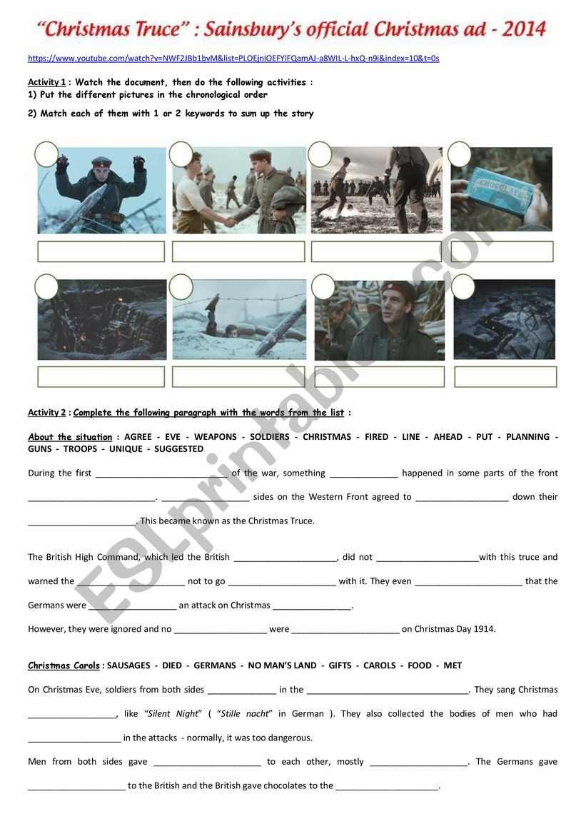 Ww1 : The Christmas Truce - Esl Worksheetkrysstl regarding The Christmas Truce Worksheet