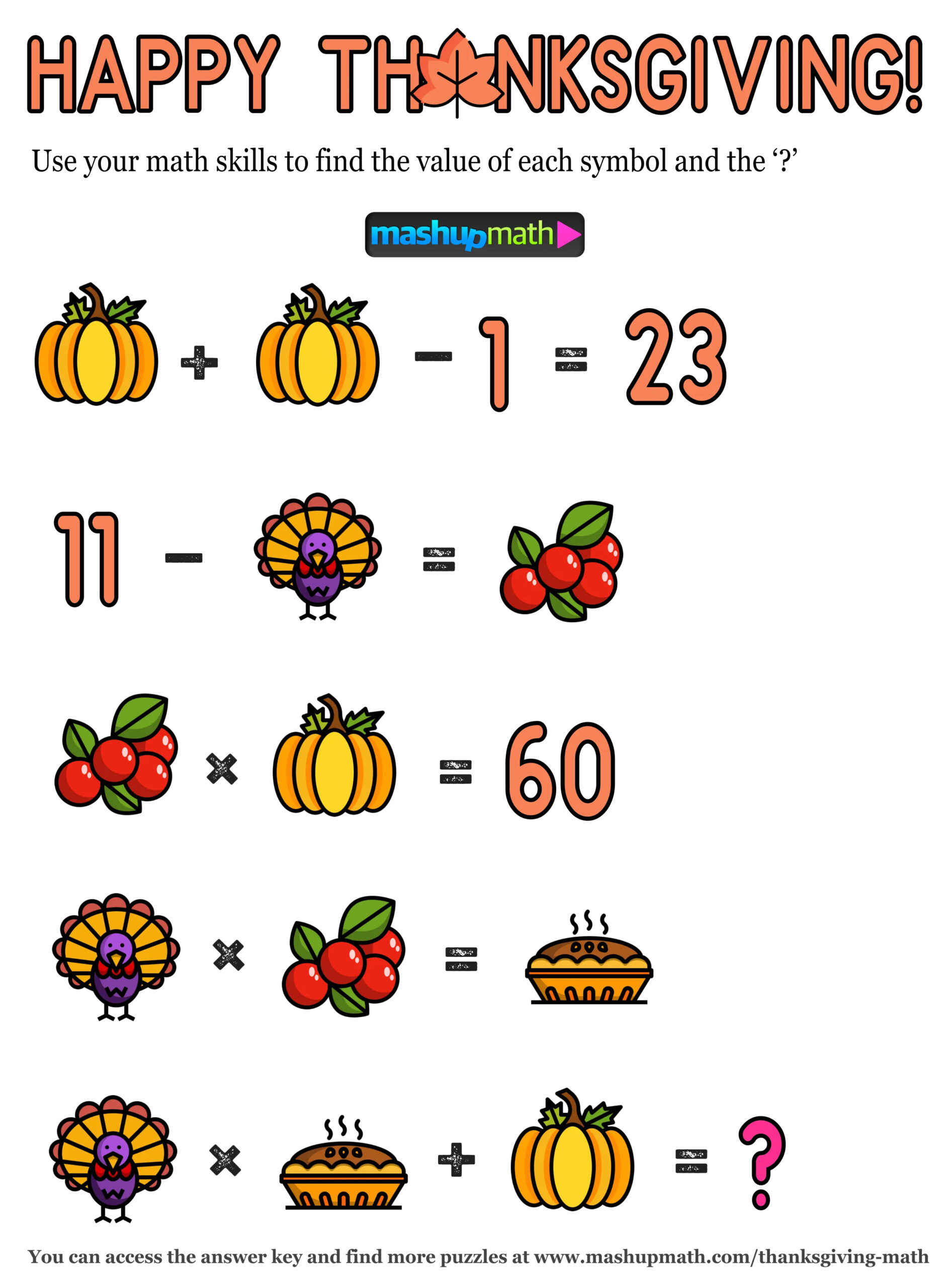 12 Thanksgiving Math Activities For Grades 1-8 — Mashup Math inside Thanksgiving Challenge Worksheet