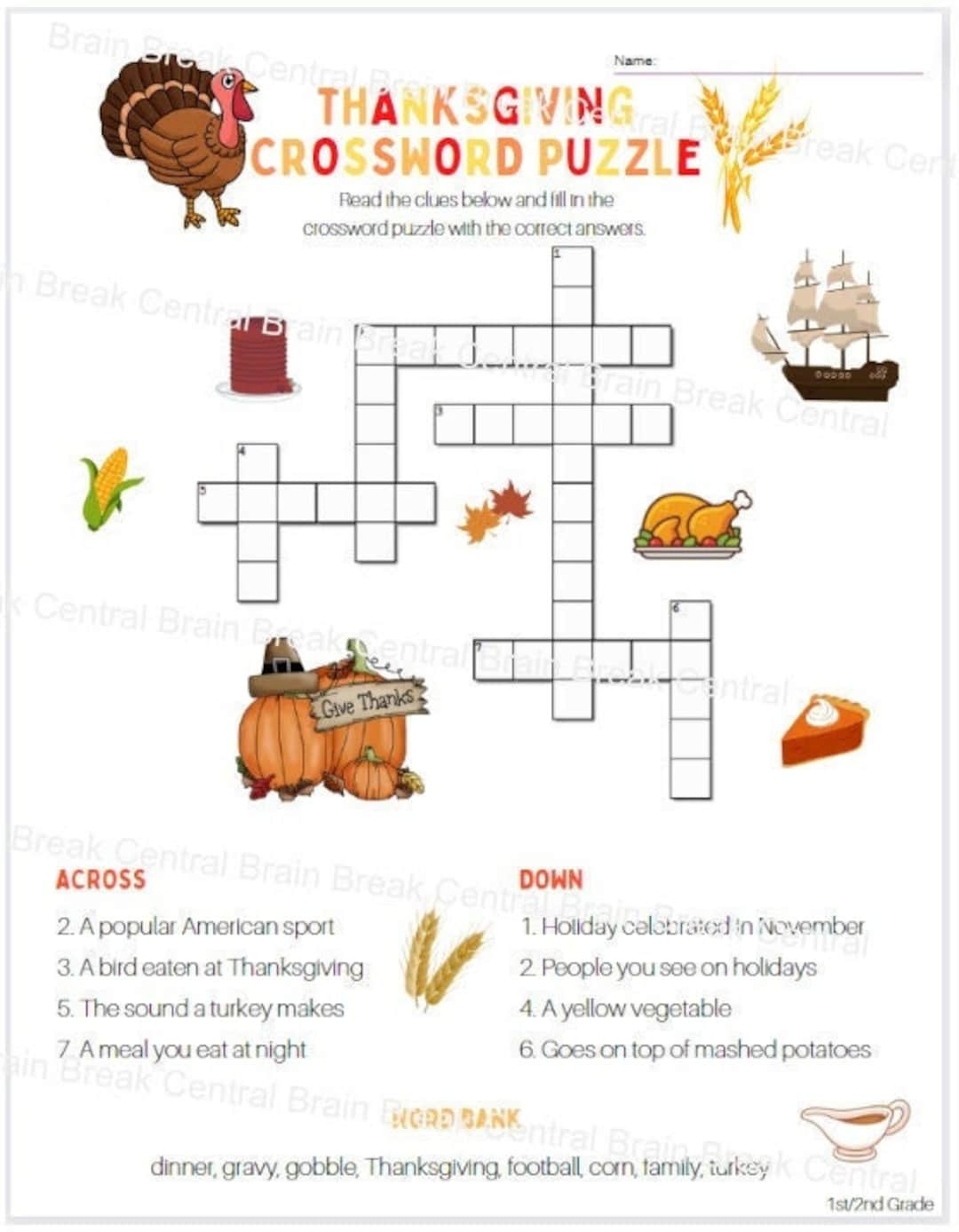 1St Grade Thanksgiving Crossword Puzzle With Word Bank And Answer inside Thanksgiving Crossword Puzzle Worksheet Answer Key