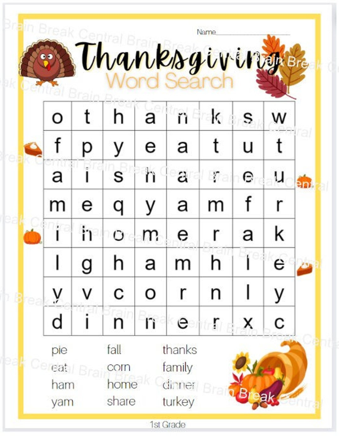 1St Grade Thanksgiving Word Search With Answer Key, Printable with regard to Thanksgiving Worksheet 1st Grade
