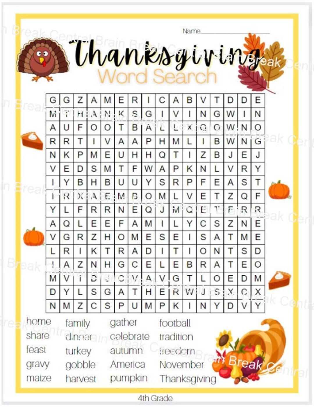 4Th Grade Thanksgiving Word Search With Answer Key, Printable - Etsy with 4Th Grade Thanksgiving Worksheets