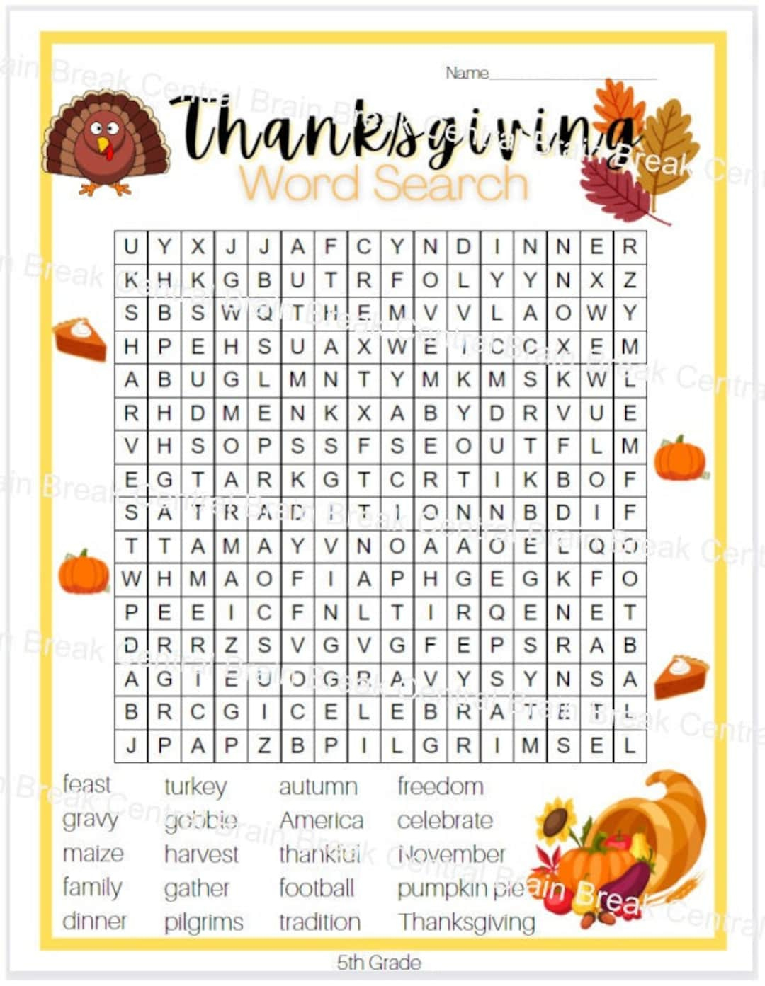 5Th Grade Thanksgiving Word Search With Answer Key, Printable for Thanksgiving Worksheets 5th Grade