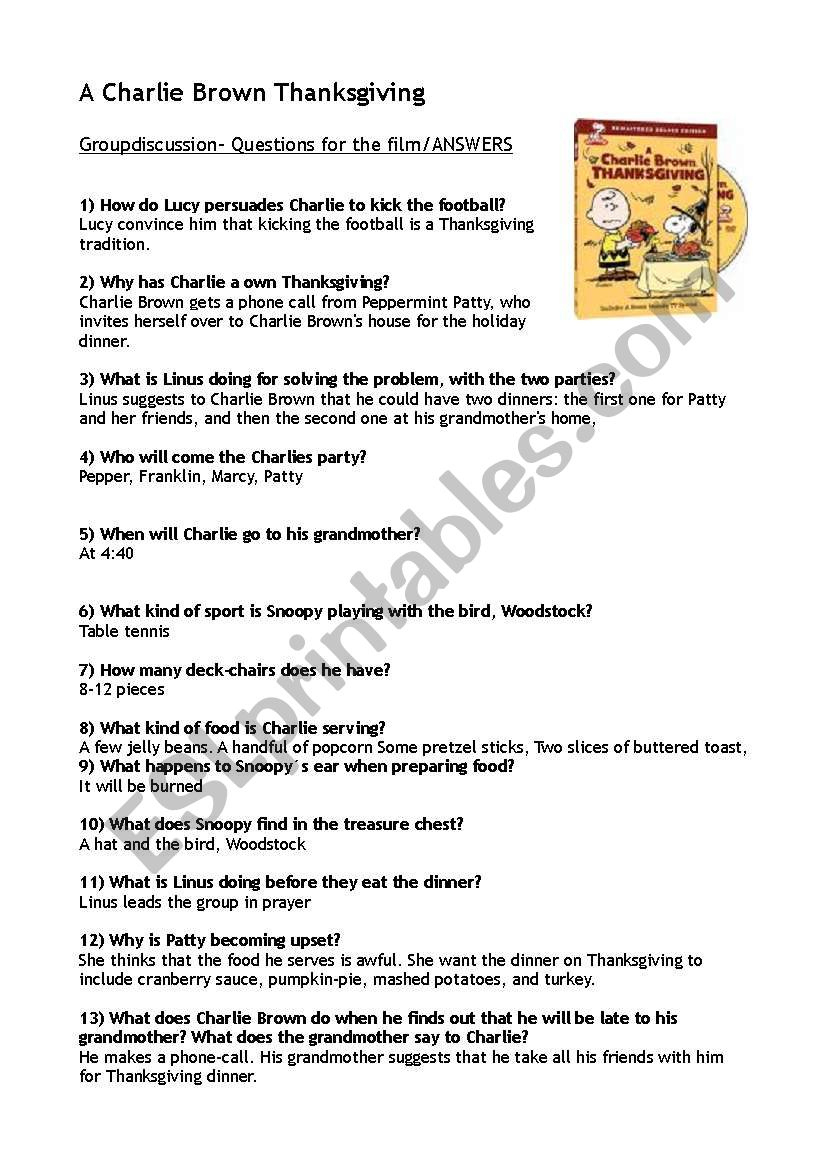 A Charlie Brown Thanksgiving- Answers - Esl Worksheetstella_Mater with Charlie Brown Thanksgiving Worksheet
