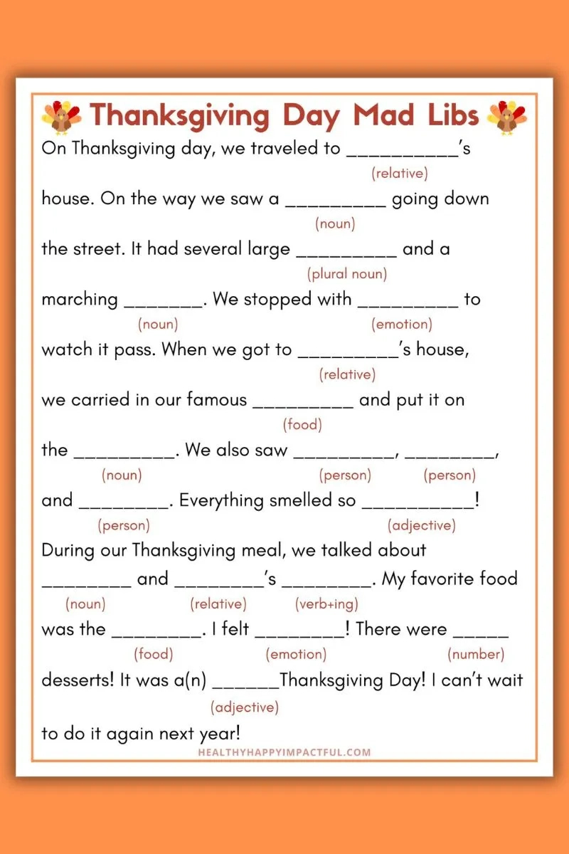 Best Thanksgiving Mad Libs Free Printable (Use It This Year!) with Thanksgiving Mad Libs Worksheets
