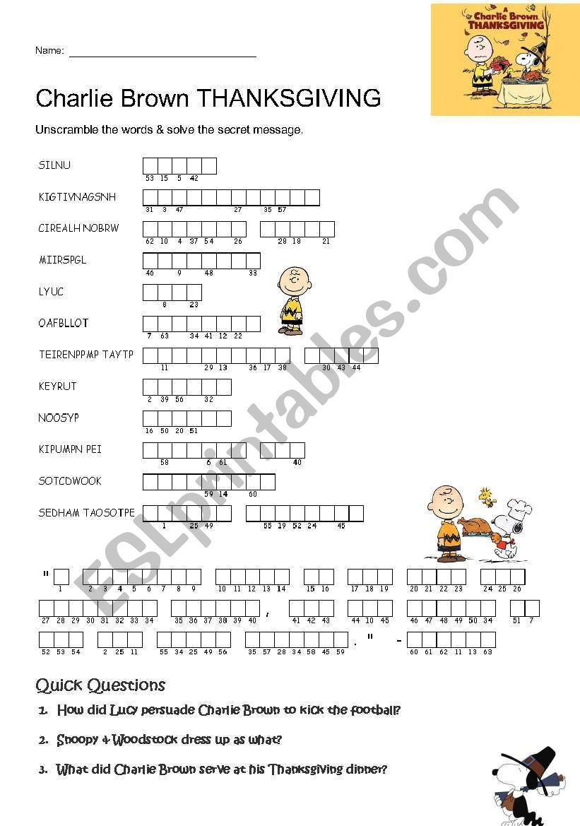 Charlie Brown Thanksgiving - Esl Worksheetgaijin101 for A Charlie Brown Thanksgiving Worksheet