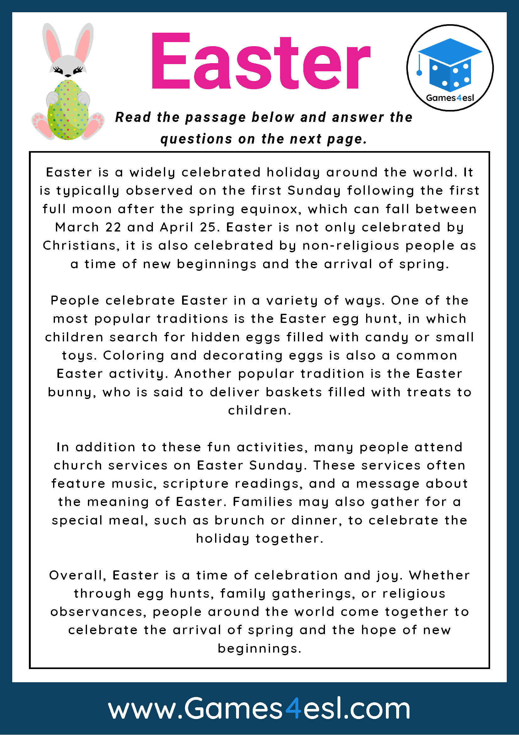 Easter - Reading Comprehension Worksheet | Games4Esl - Worksheets within Easter Reading Comprehension Worksheets Free