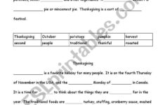 English Worksheets: Thanksgiving Cloze in Thanksgiving Cloze Worksheets