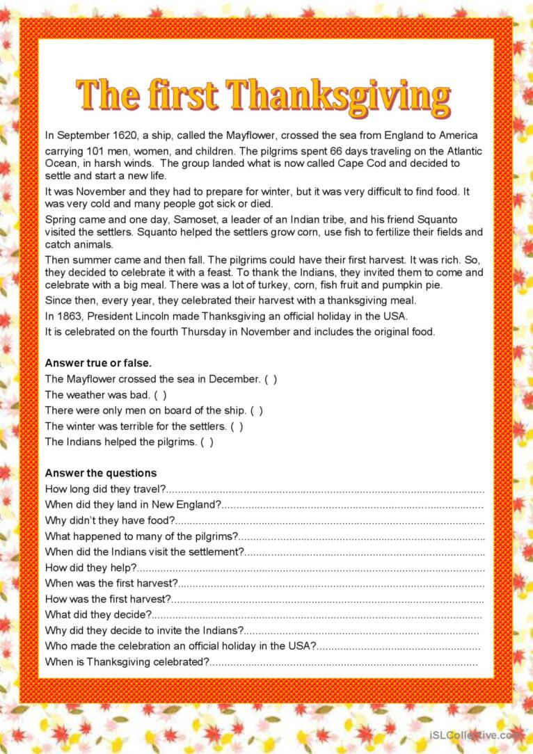 First Thanksgiving Reading For Detai…: English Esl Worksheets Pdf inside First Thanksgiving Reading Comprehension Worksheet